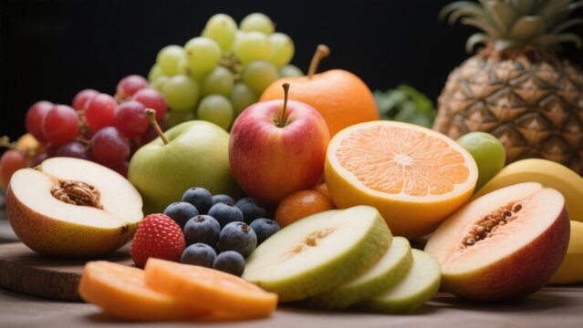 Assorted fresh fruits including apples, grapes, oranges, peaches, and pineapple arranged on a wooden surface