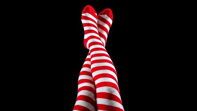 Crossed legs wearing red  white striped socks against a black background