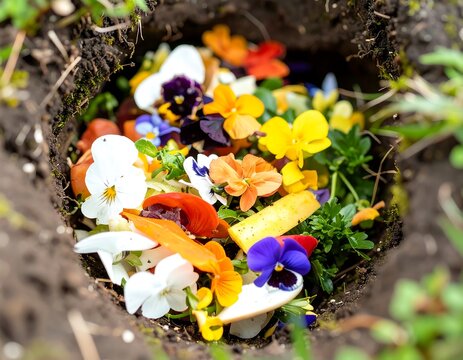 Colorful compost pit filled with various plant matter
