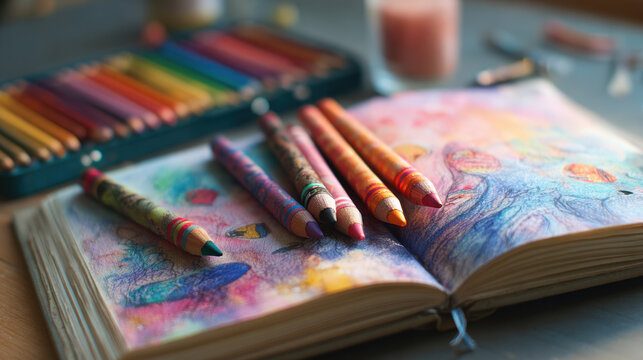 Colorful crayons resting on an open sketchbook filled with vibrant artwork, surrounded by a variety of colored pencils and a glass of pink candle, creative workspace scene.