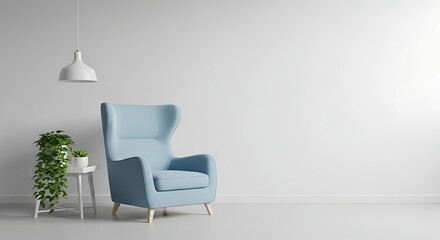 Light blue wingback armchair with plant and pendant lamp in minimalist room furniture interior
