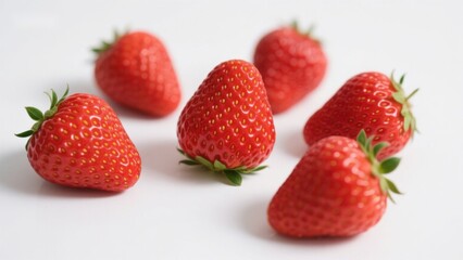 Fresh red strawberries with green stems arranged on a white background