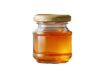 Clear glass jar of golden honey with metal lid isolated on white background, cut out
