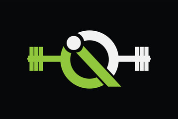 QI OR IQ Gym Fitness logo vector with barbell.