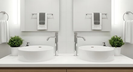 Fototapeta premium Modern Double Vanity Bathroom with White Sinks and Green Potted Plants faucets