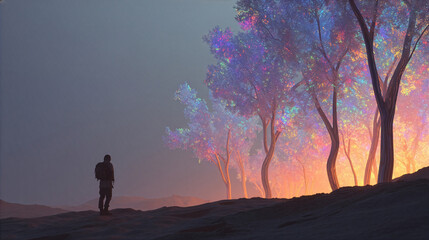 A low-angle, cinematic shot of a lone hiker standing at the edge of a vast, glowing holographic forest projected onto a barren desert landscape at dusk. The holographic trees emit soft, ethereal light