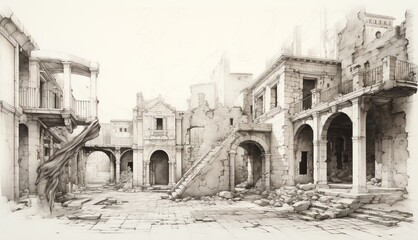 ancient city in ruins; monochrome cityscape