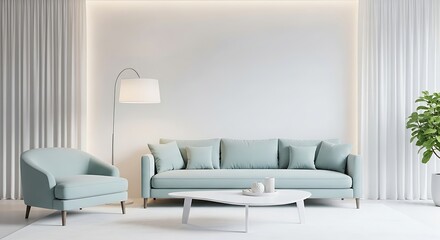 Serene Living Room With Light Blue Sofa, Armchair and Coffee Table interior couch