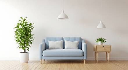 Small Blue Sofa With Striped Pillows And Side Table With Plant couch light blue