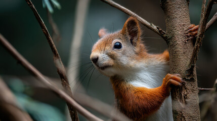 Squirrel climbing a tree branch with green foliage in the background, showcasing its bushy tail and curious expression while  for food in nature.