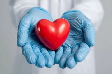 Doctor's gloved hands gently hold a red symbolic heart shape, representing care and health in medicine