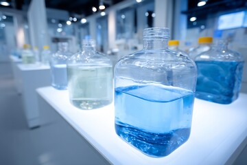 Isolated medical containers beakers on soft white lab table sterile atmosphere professional stock image