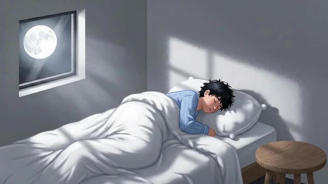 Cartoon boy sleeping peacefully in bed at night animation video with moonlight for relaxation and sleep concepts.
