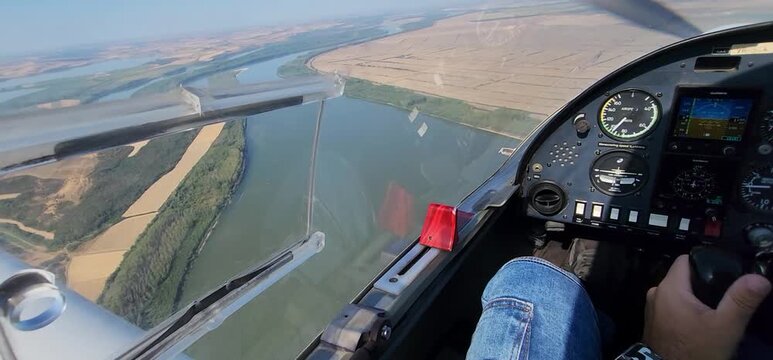 A Solo Student Pilot Flying Over Danube River Romania - Cockpit Aerial VFR Flight
