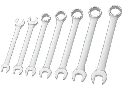 Metal wrench set in various sizes isolated on transparent background