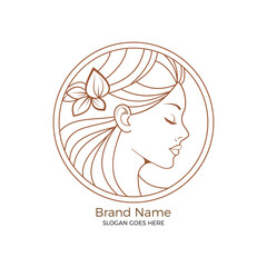 Elegant beauty & spa logo, woman's profile with butterfly hair ornament line art