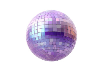 Vibrant 3d disco ball with purple and pink tiles reflecting light, cut out