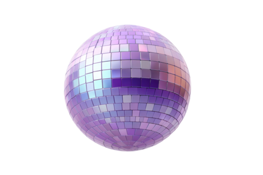 Vibrant 3d disco ball with purple and pink tiles reflecting light, cut out