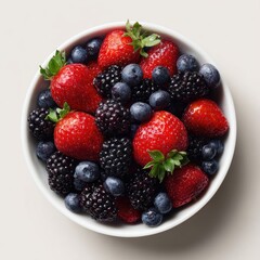 Obraz premium Photorealistic overhead of a mixed berry bowl with strawberries, blueberries and blackberries on a white surface, studio lighting