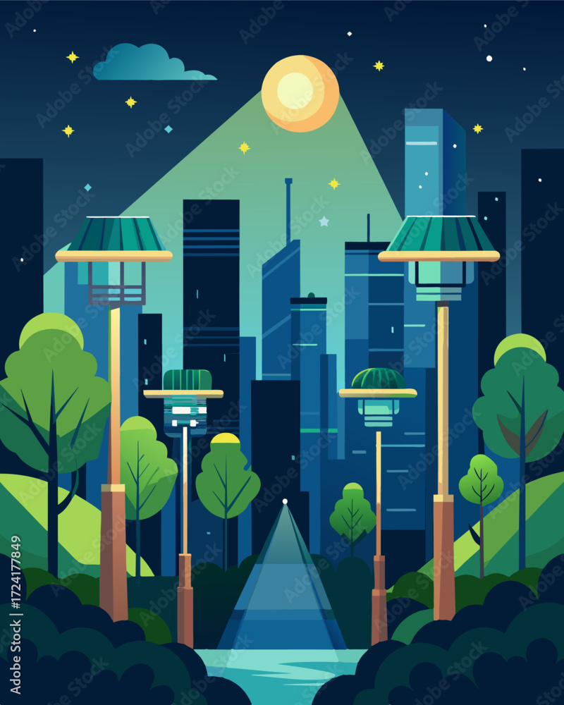Poster amidst the concrete jungle of a metropolis an urban oasis is created with solarpowered lights illumi