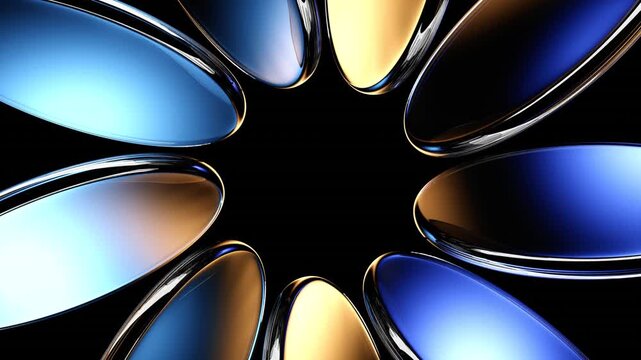 Abstract black 3d background with neon glass circle disc and blue brown gradient. Circular motion effect of crystal round disks, holographic transparent lens animation. Render digital tech design.