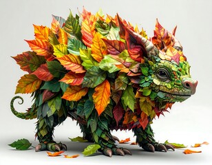 Colorful creature adorned with autumn leaves