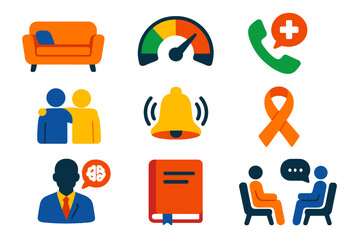 Officer Wellness Icons. Flat vector icons of officer wellness: counseling couch, stress gauge, support hotline, mindfulness bell,