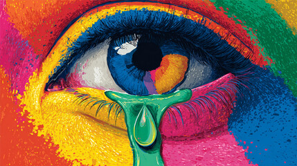 Obraz premium Colorful eye with tears streaming down, expressing sadness and emotional pain