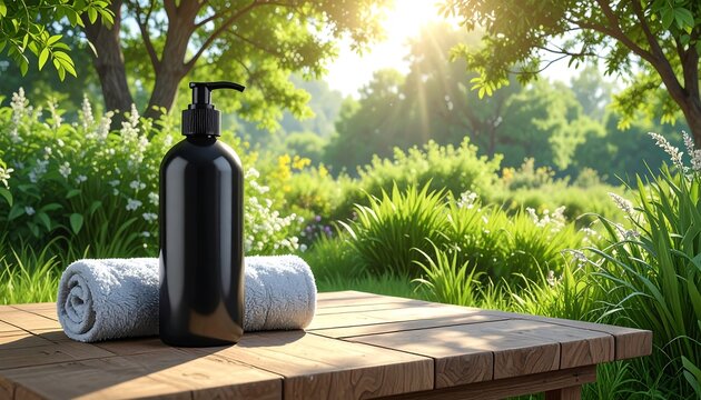 Dark bottle and towels on a wooden table in a lush garden setting