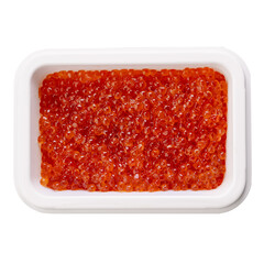 Red caviar in a plastic container. Close-up view of red caviar in a white plastic container isolated on white background.