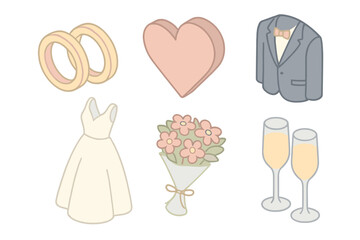 Wedding Icon Set. Isometric vector illustration set of simple wedding icons: wedding rings, heart symbol, bride dress, groom suit,