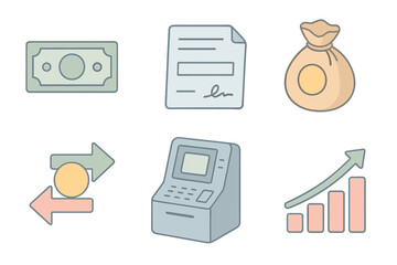 Income Icons Collection. Isometric vector illustration set of income icons: salary banknote, paycheck document, coin bag, money