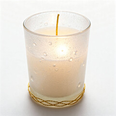 Lit candle in frosted glass holder with golden decorative string on white background, glowing softly and creating a warm ambiance