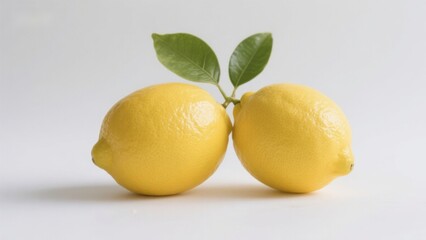 Two fresh lemons with green leaves on a white background