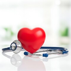 Red heart symbol and stethoscope on white surface with soft bokeh background