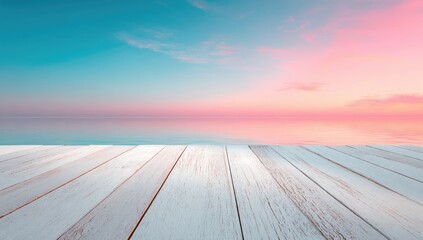 A serene, pastel-hued seascape, with a tranquil, light-white wooden deck, provides a peaceful and relaxing ambiance.