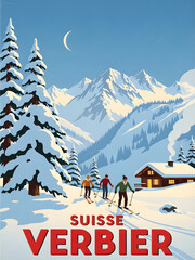Vintage swiss ski poster featuring verbier and snow covered mountains