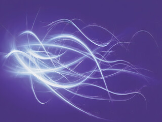 Dynamic glowing white light trails swirling in fluid motion on a vibrant deep purple background, representing energy flow and motion