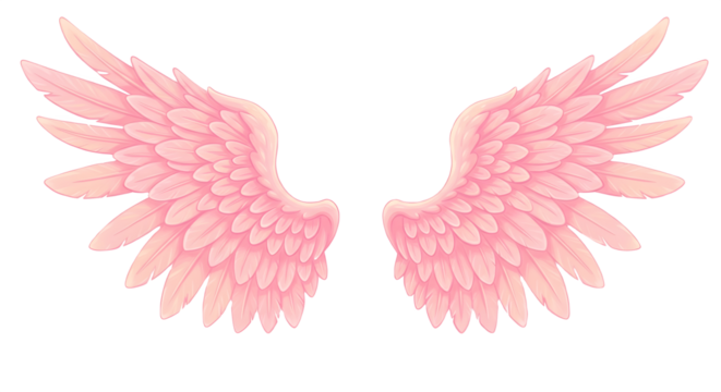 PBeautiful pastel pink angel wings illustration isolated on dark background. Detailed feathery design with soft gradient shading. Perfect for fantasy art, digital stickers, tattoo, or decorative desig