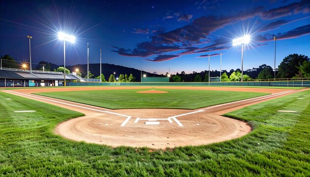 Illuminated baseball field at twilight.  Nighttime view of a well-maintained diamond with lights.  Turf, bases, and dugouts are visible.  Soft glow of dusk