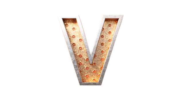 Glowing Metal Letter V on Transparent Background