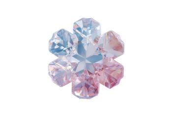 Crystal snowflake with blue and pink facets on black background, cut out