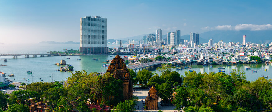 Panoramic view of Nha Trang with Po nagar cham towers and vibrant cityscape
