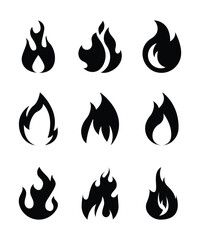 Black flame shapes and icons are drawn