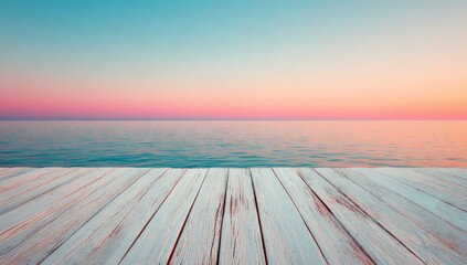 A serene seascape at sunset, with pastel colors reflecting on a smooth, weathered wooden deck.