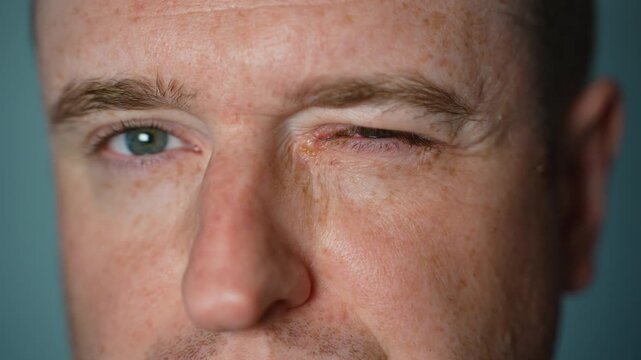 Caucasian man blinking with an irritated red eye