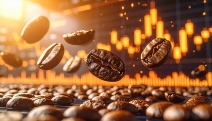 Roasted coffee beans floating in golden light with stock chart in background, concept of energy, finance, global trade and commodity market trends