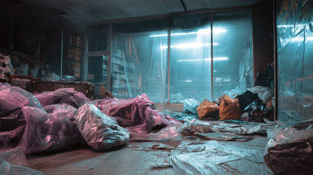 Overturned items and discarded plastic bags scattered across a dimly lit room with hazy atmosphere highlighting the sense of neglect and abandonment in a chaotic space.