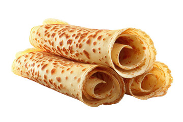 Close-up of three rolled pancakes on black background - golden brown texture and crispy edges, cut out
