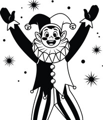 Cartoon jester illustration, festive clown costume, joyful expression, striped pants, starburst background, carnival character art, celebration sketch